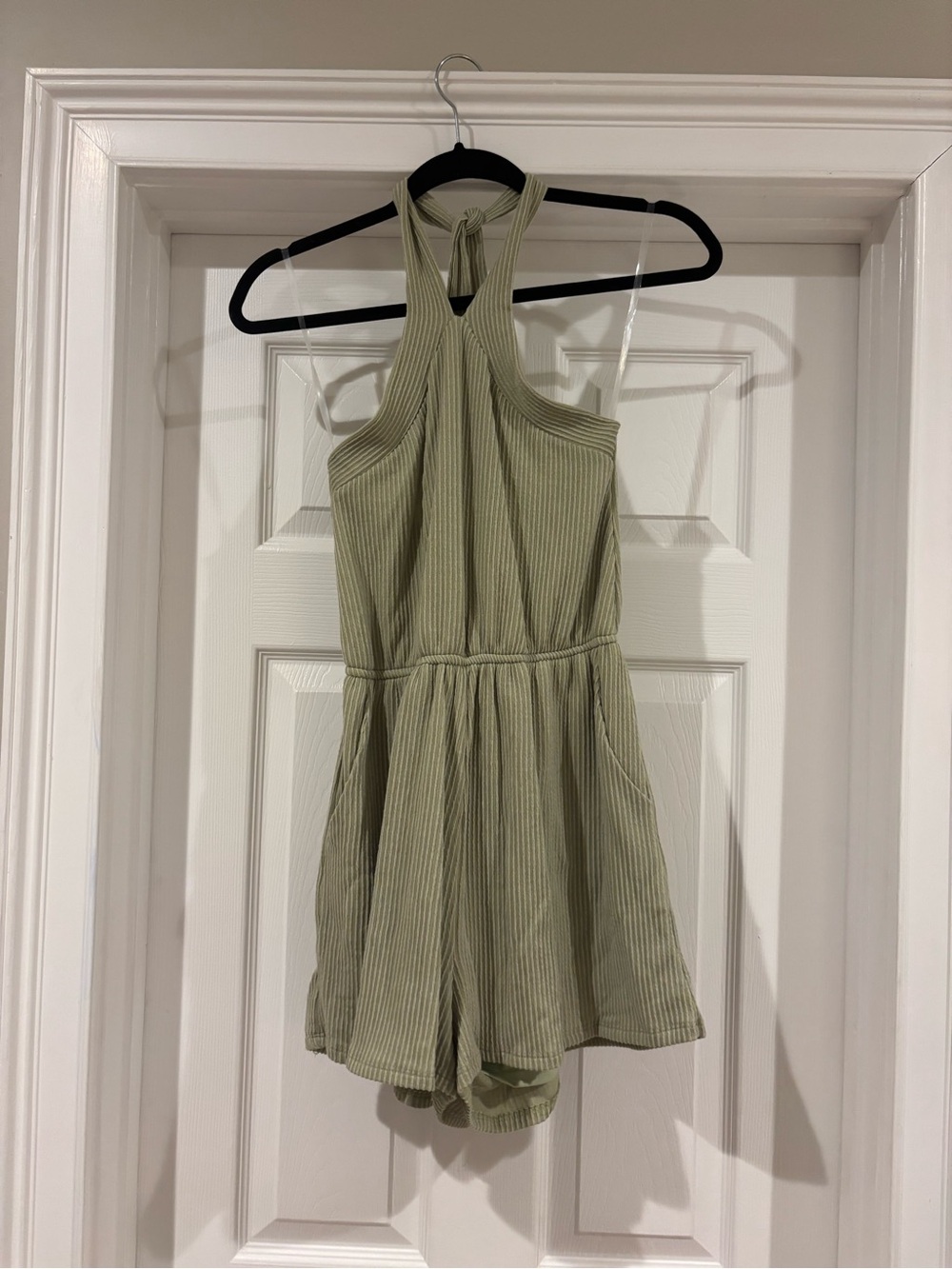 Le Lis Olive Green Ribbed Halter Romper